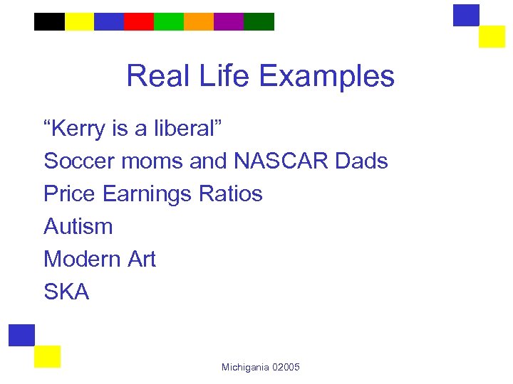 Real Life Examples “Kerry is a liberal” Soccer moms and NASCAR Dads Price Earnings