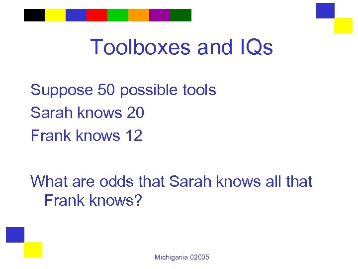 Toolboxes and IQs Suppose 50 possible tools Sarah knows 20 Frank knows 12 What