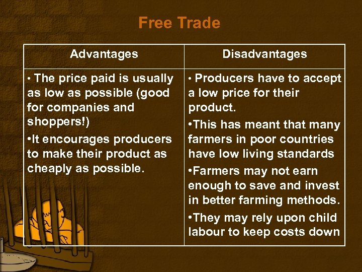 Free Trade Advantages Disadvantages • The price paid is usually • Producers have to