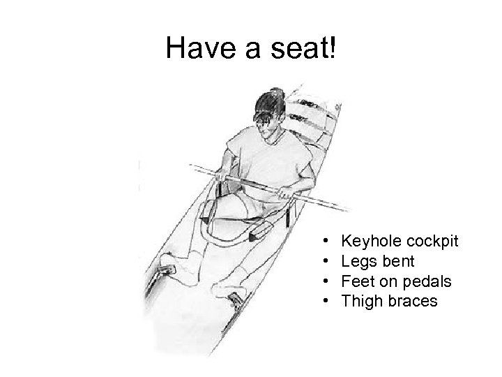 Have a seat! • • Keyhole cockpit Legs bent Feet on pedals Thigh braces