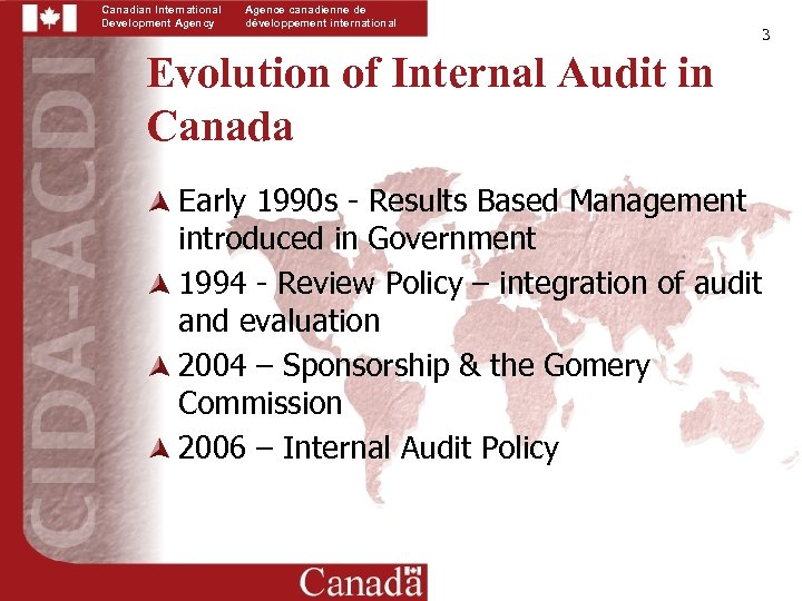 Canadian International Development Agency Agence canadienne de développement international Evolution of Internal Audit in