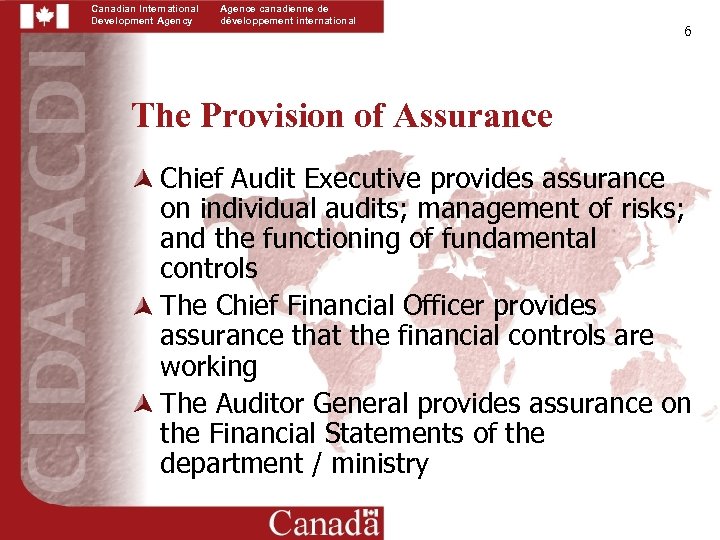 Canadian International Development Agency Agence canadienne de développement international 6 The Provision of Assurance