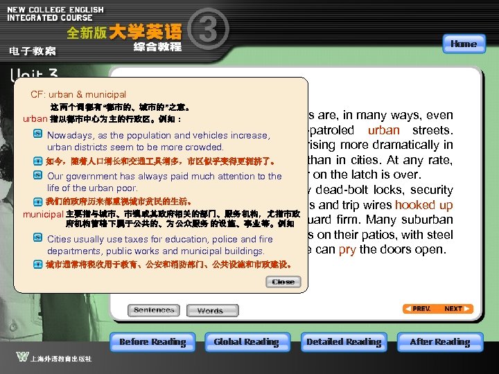 CF: urban & municipal 这 两个词 都有“都市的、城市的”之意。 Suburbs urban 指以都市中心为 主的行政区。例如： and country areas