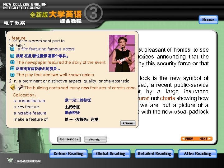 feature: 1. vt. give a prominent part to (sb. /sth. ) a film featuring