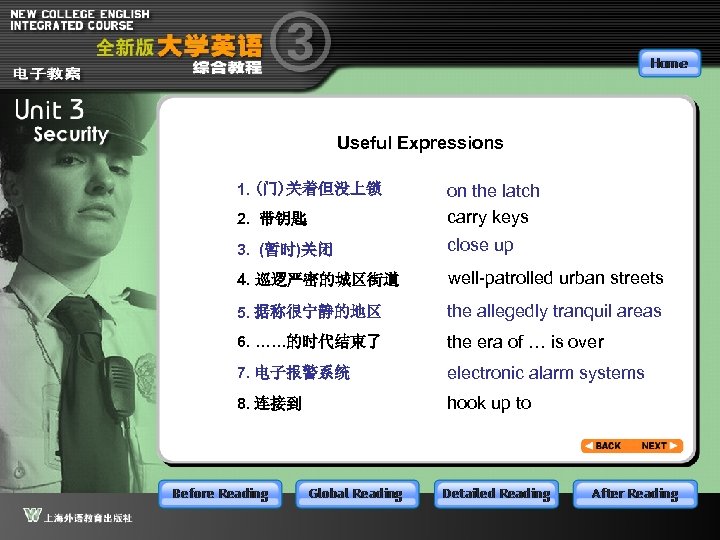 Useful Expressions 1. (门)关着但没上锁 2. 带钥匙 on the latch carry keys 3. (暂时)关闭 close