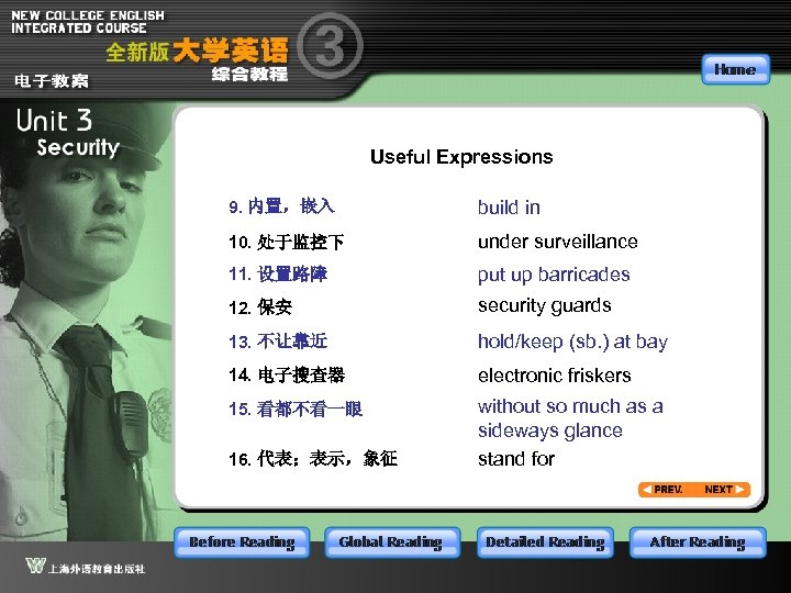 Useful Expressions 9. 内置，嵌入 build in 10. 处于监控下 under surveillance 11. 设置路障 put up