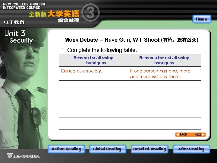 Mock Debate -- Have Gun, Will Shoot (有枪，就有凶杀) 1. Complete the following table. Reason