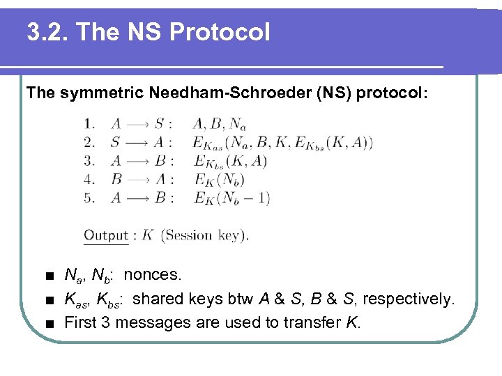 3. 2. The NS Protocol The symmetric Needham-Schroeder (NS) protocol: ■ Na, Nb: nonces.
