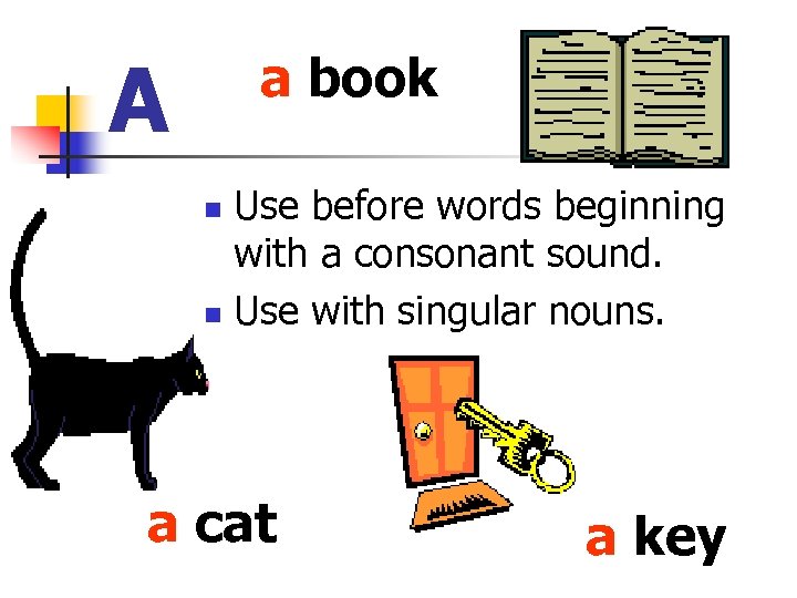 A a book Use before words beginning with a consonant sound. n Use with