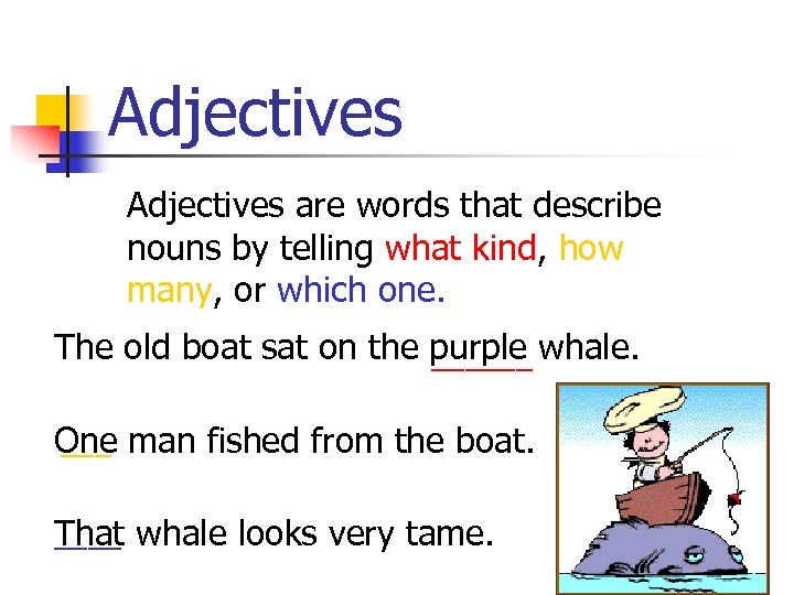 Adjectives are words that describe nouns by telling what kind, how many, or which