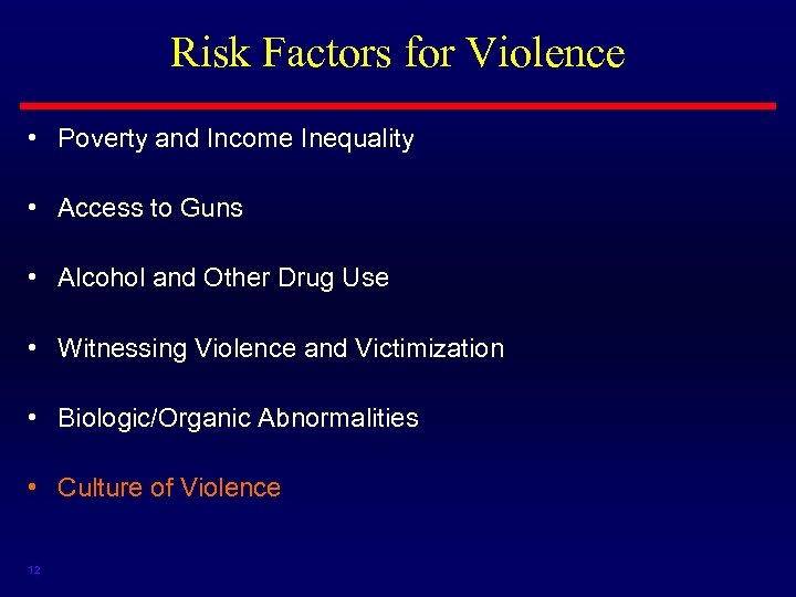 Risk Factors for Violence • Poverty and Income Inequality • Access to Guns •