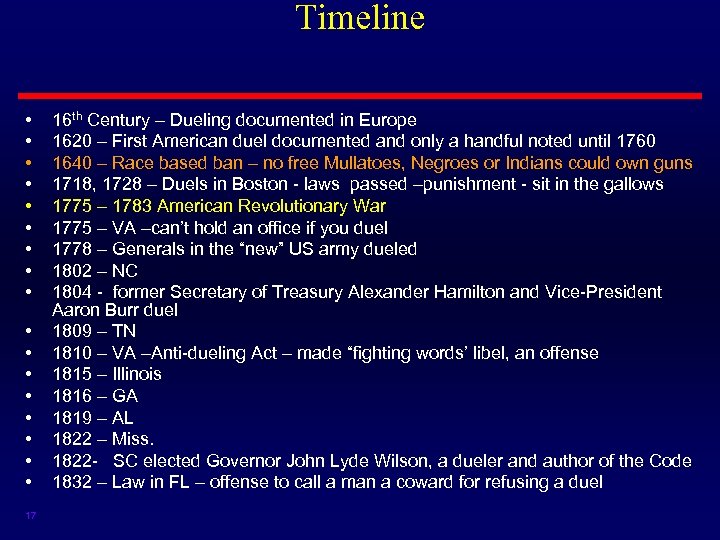 Timeline • • • • • 17 16 th Century – Dueling documented in