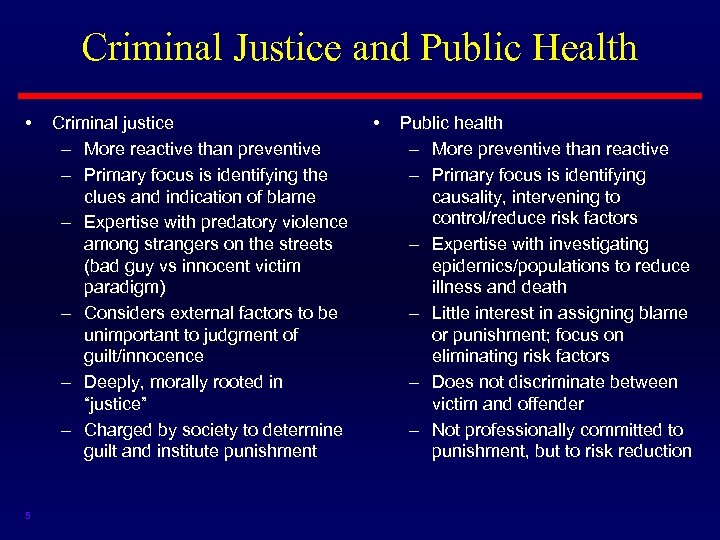 Criminal Justice and Public Health • 5 Criminal justice – More reactive than preventive