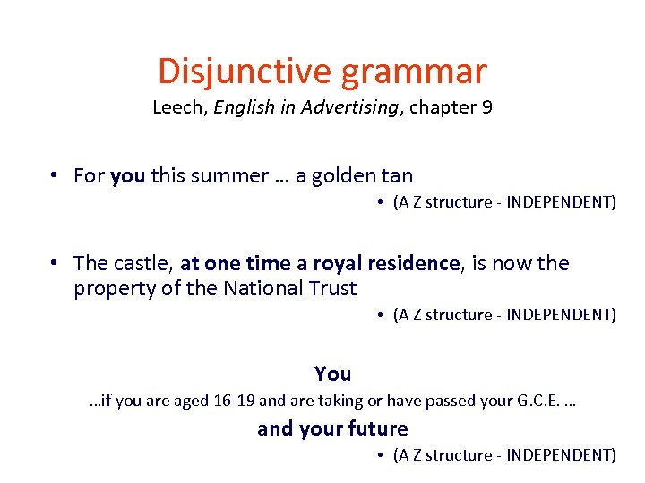 Disjunctive grammar Leech, English in Advertising, chapter 9 • For you this summer …