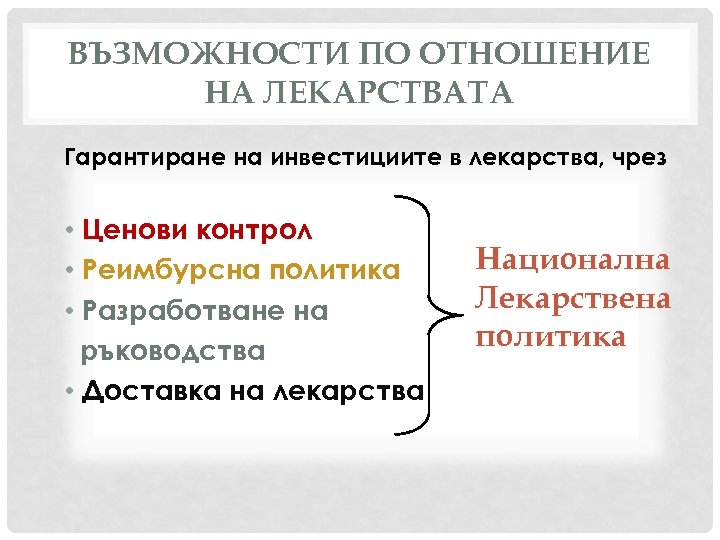 ВЪЗМОЖНОСТИ ПО ОТНОШЕНИЕ НА ЛЕКАРСТВАТА Гарантиране на инвестициите в лекарства, чрез • Ценови контрол