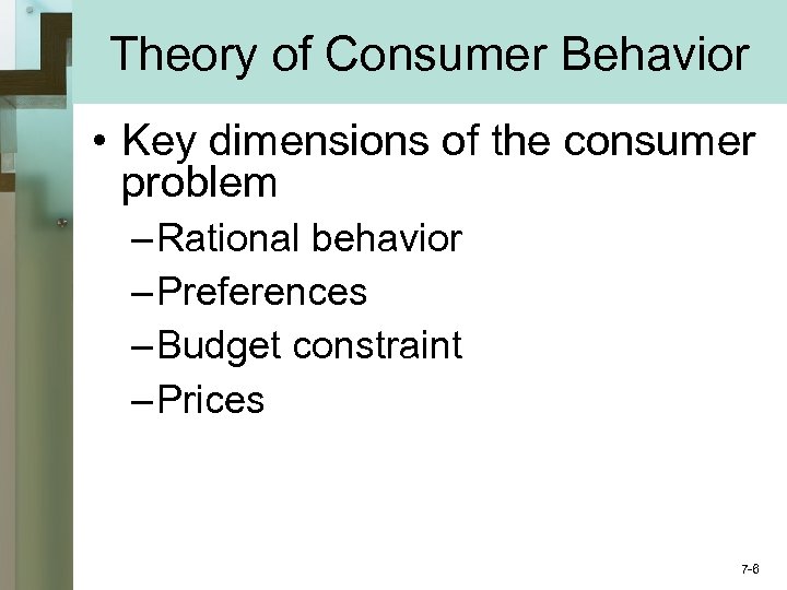 Theory of Consumer Behavior • Key dimensions of the consumer problem – Rational behavior