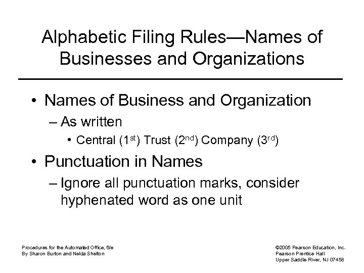 Alphabetic Filing Rules—Names of Businesses and Organizations • Names of Business and Organization –