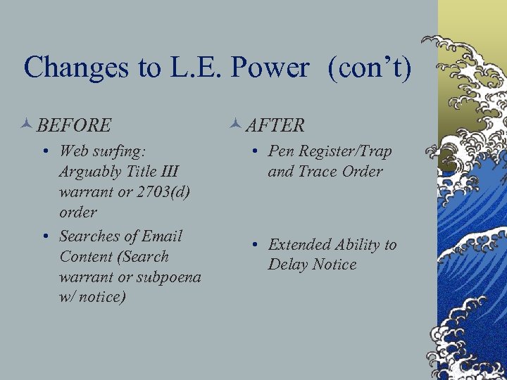 Changes to L. E. Power (con’t) © BEFORE • Web surfing: Arguably Title III