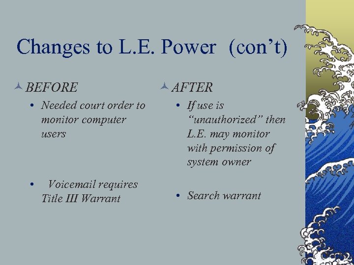Changes to L. E. Power (con’t) © BEFORE • Needed court order to monitor