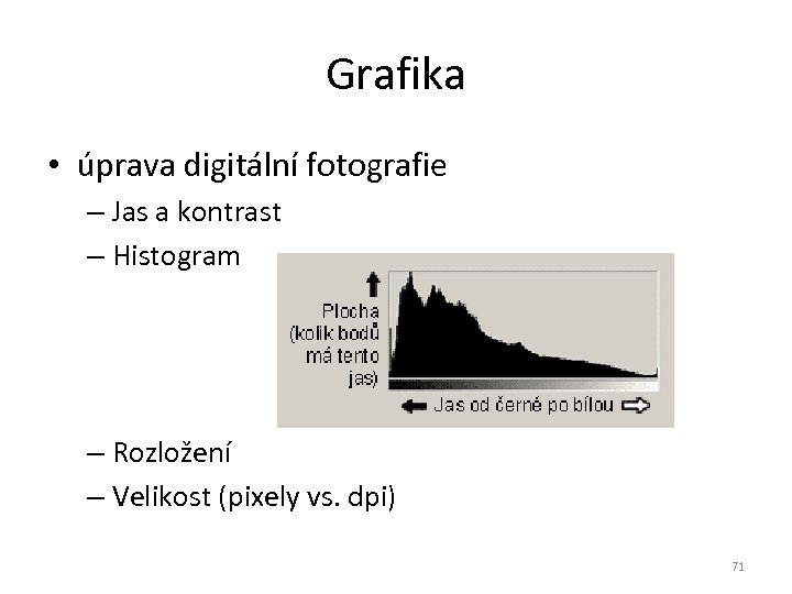 Grafika • úprava digitální fotografie – Jas a kontrast – Histogram – Rozložení –