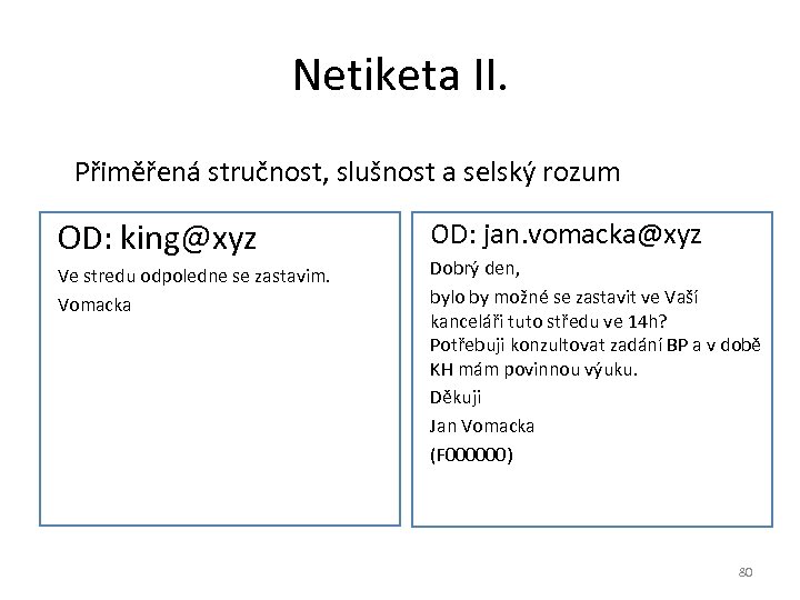 Netiketa II. Přiměřená stručnost, slušnost a selský rozum OD: king@xyz Ve stredu odpoledne se