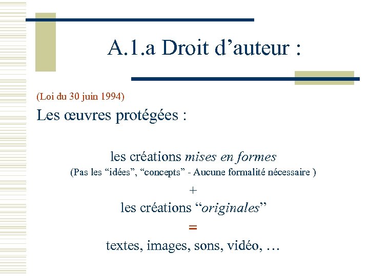 A. 1. a Droit d’auteur : (Loi du 30 juin 1994) Les œuvres protégées