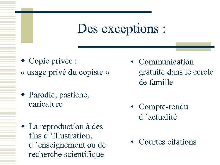 Des exceptions : w Copie privée : « usage privé du copiste » w