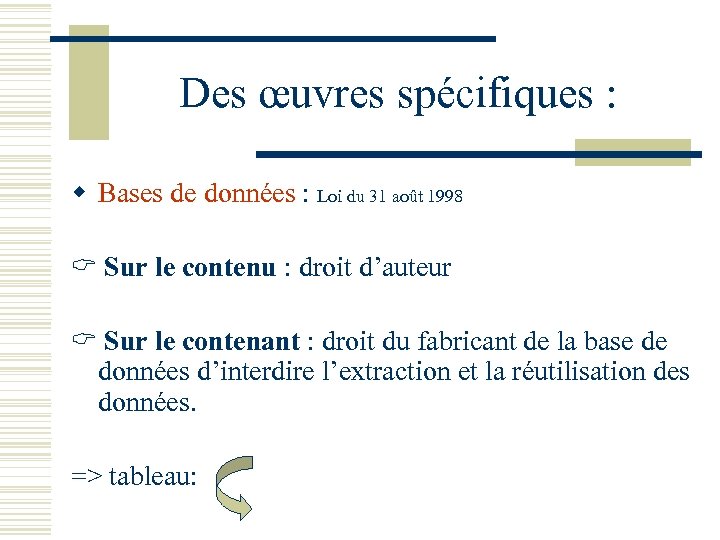 Des œuvres spécifiques : w Bases de données : Loi du 31 août 1998