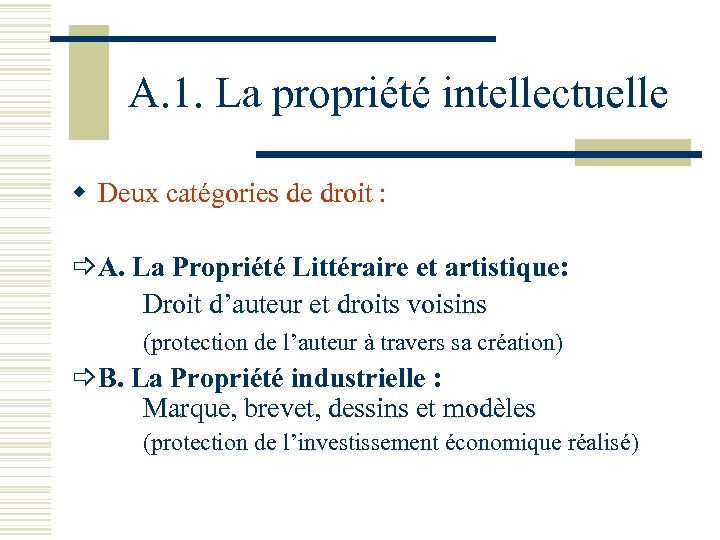 A. 1. La propriété intellectuelle w Deux catégories de droit : A. La Propriété