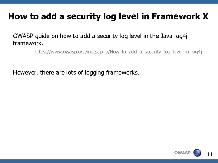 How to add a security log level in Framework X OWASP guide on how