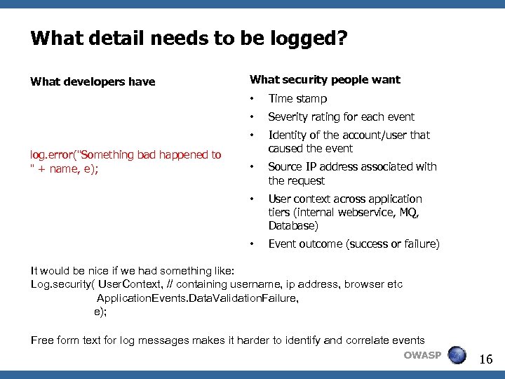 What detail needs to be logged? What developers have What security people want •