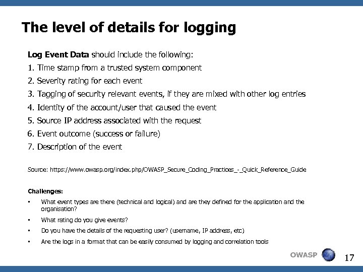 The level of details for logging Log Event Data should include the following: 1.