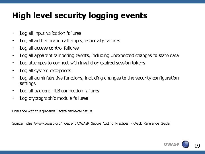 High level security logging events • Log all input validation failures • Log all