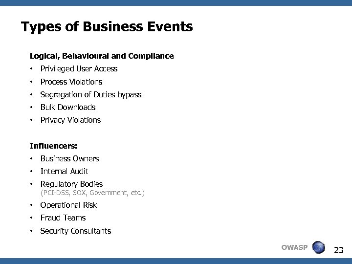 Types of Business Events Logical, Behavioural and Compliance • Privileged User Access • Process