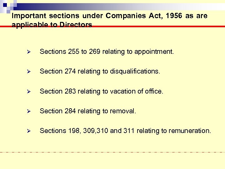 Important sections under Companies Act, 1956 as are applicable to Directors Ø Sections 255