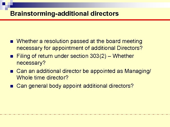 Brainstorming-additional directors n n Whether a resolution passed at the board meeting necessary for