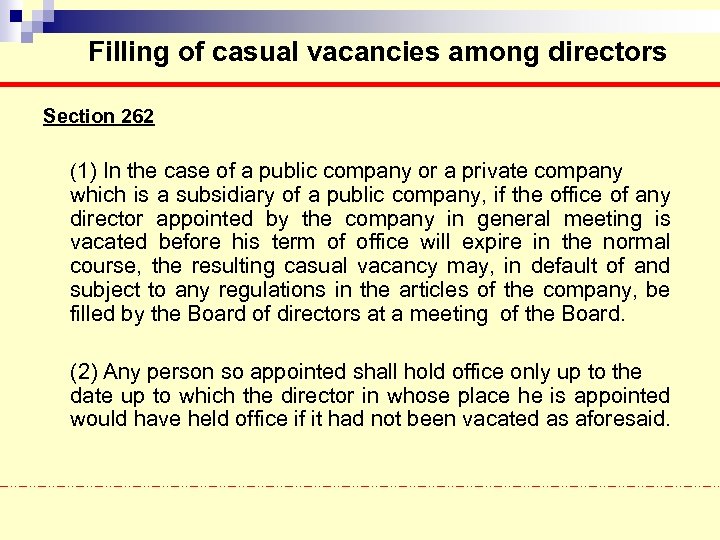 Filling of casual vacancies among directors Section 262 (1) In the case of a