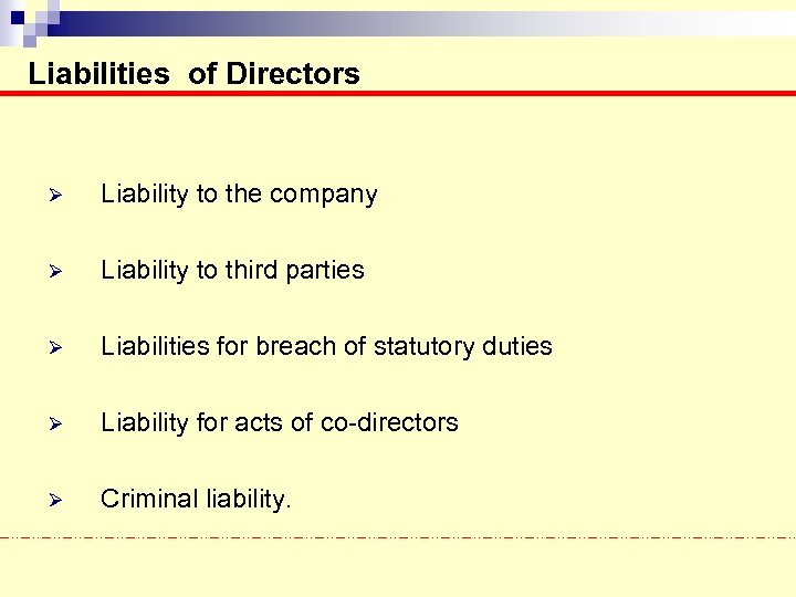 Liabilities of Directors Ø Liability to the company Ø Liability to third parties Ø