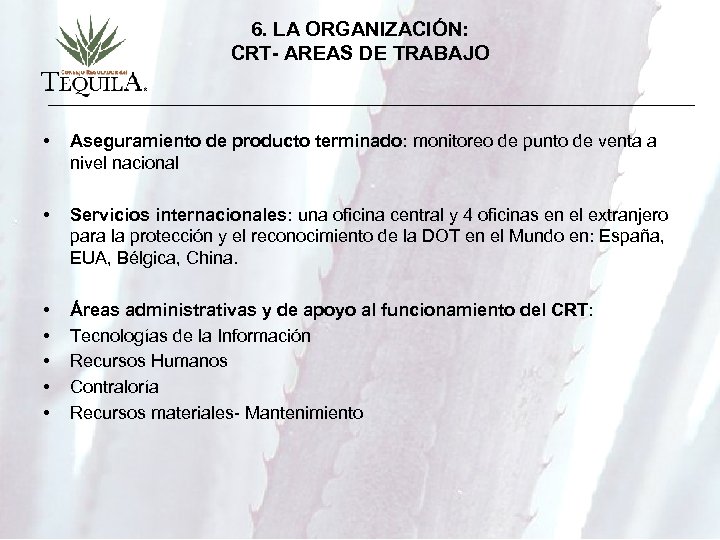 6. LA ORGANIZACIÓN: CRT- AREAS DE TRABAJO • Aseguramiento de producto terminado: monitoreo de