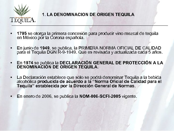 1. LA DENOMINACION DE ORIGEN TEQUILA • 1795 se otorga la primera concesión para