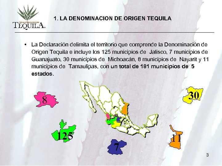1. LA DENOMINACION DE ORIGEN TEQUILA • La Declaración delimita el territorio que comprende