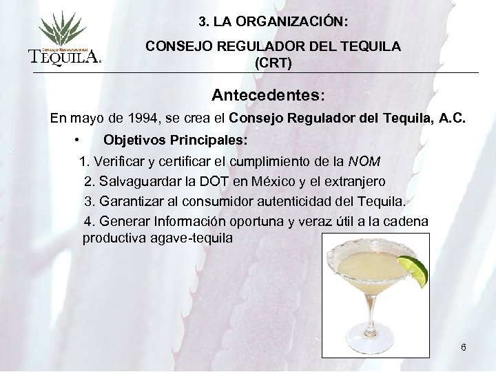 3. LA ORGANIZACIÓN: CONSEJO REGULADOR DEL TEQUILA (CRT) Antecedentes: En mayo de 1994, se