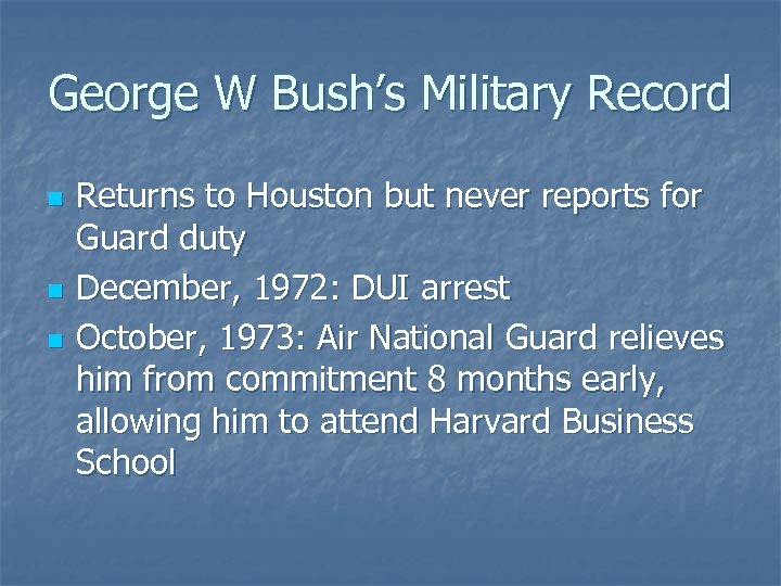 George W Bush’s Military Record n n n Returns to Houston but never reports