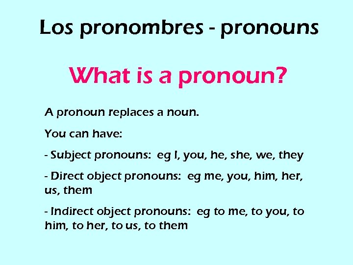 Los pronombres - pronouns What is a pronoun? A pronoun replaces a noun. You