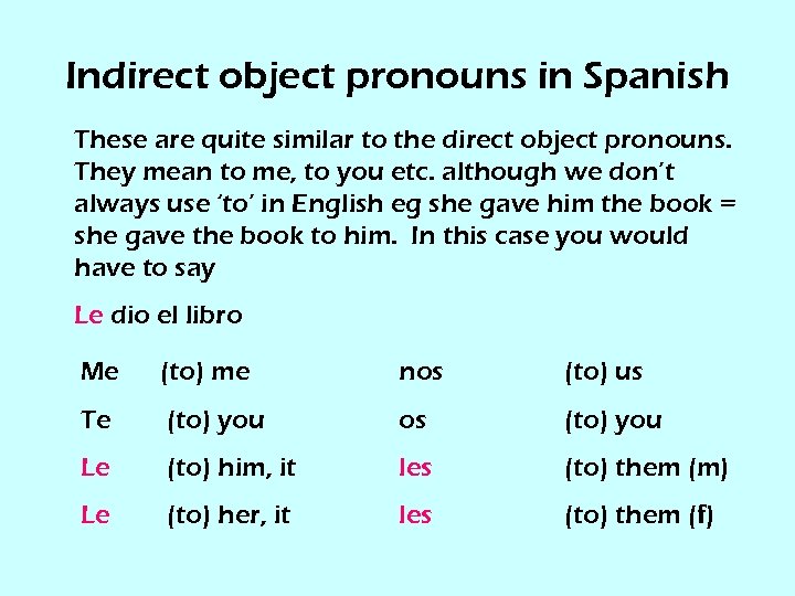 Indirect object pronouns in Spanish These are quite similar to the direct object pronouns.