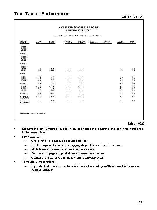 Text Table - Performance Exhibit Type 20 Exhibit 0029 • • • Displays the