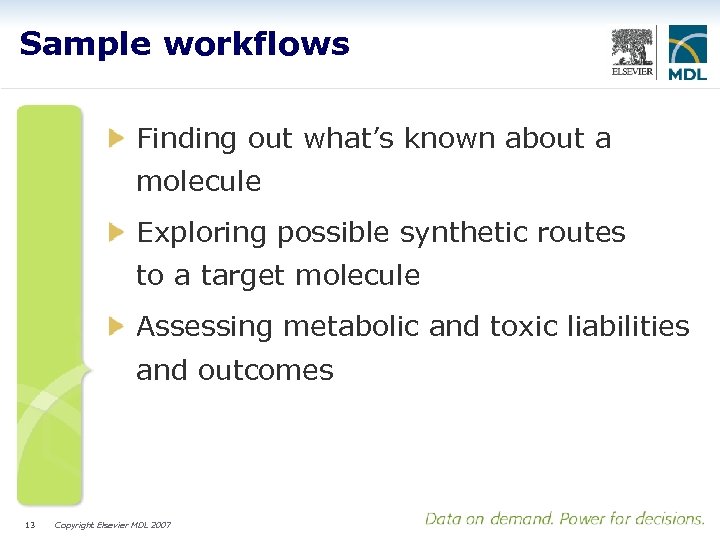 Sample workflows Finding out what’s known about a molecule Exploring possible synthetic routes to