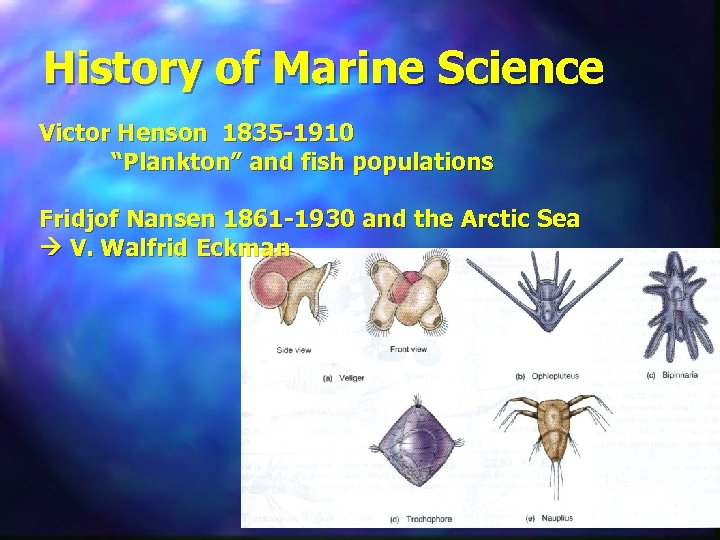History of Marine Science Victor Henson 1835 -1910 “Plankton” and fish populations Fridjof Nansen