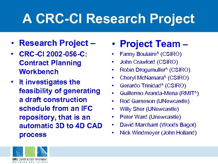 A CRC-CI Research Project • Research Project – • Project Team – • CRC-CI