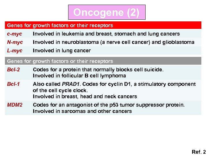 Oncogene (2) Genes for growth factors or their receptors c-myc Involved in leukemia and